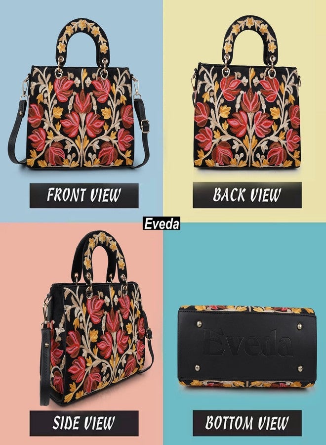EVEDA Synthetic Leather Gorgeous Embroidery Stylish Design Shoulder Crossbody Hobo Women Handbag, Black - Image 4
